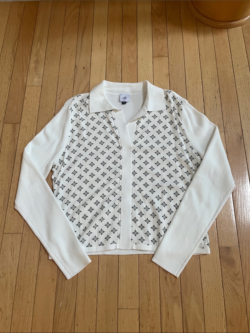 CAbi White Knit Collared Top with Black Geometric Print